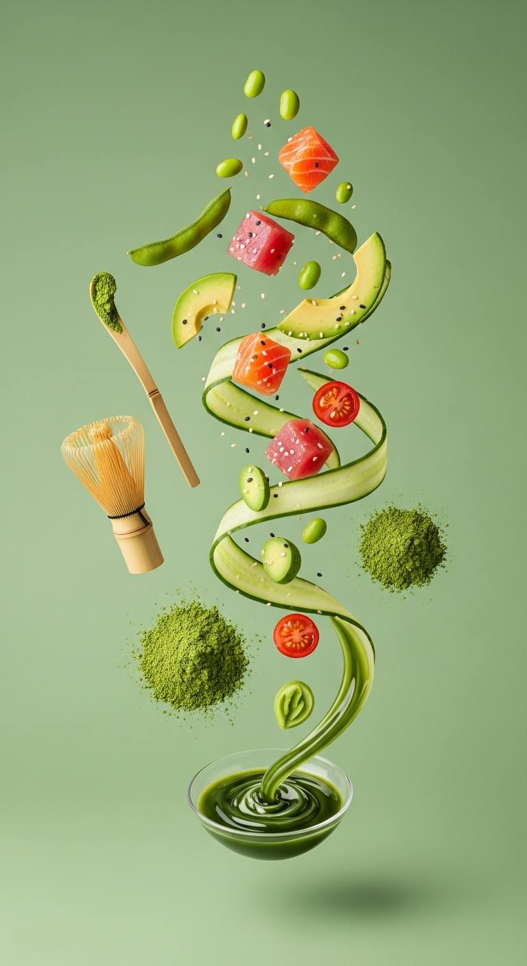 Fresh ingredients including avocado, salmon, and matcha powder swirling above a bowl of green smoothie, highlighting healthy eating and fresh-pressed juices at Farm2Cup Fairhaven.