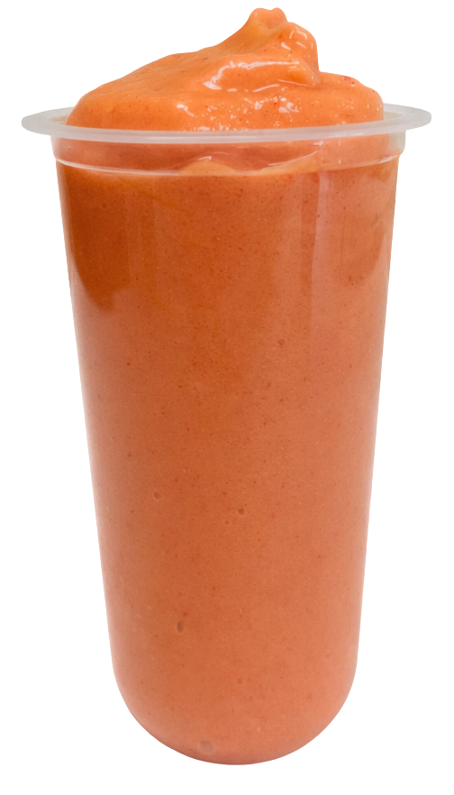 Tutti fruity (1) - Edited Fresh fruit smoothie in a clear cup, showcasing a vibrant orange-red color, emphasizing health and nutrition at Farm2Cup Fairhaven.