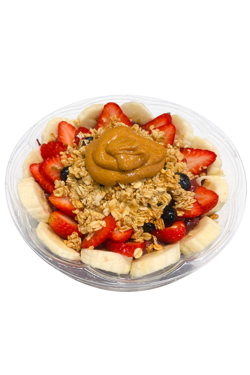 Acai bowl topped with granola, peanut butter, fresh strawberries, blueberries, and banana slices, highlighting nutritious ingredients from Farm2Cup Fairhaven.