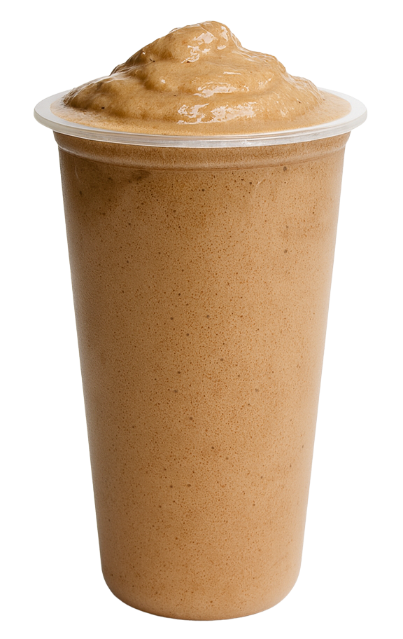 dirtier Dirtier Super Smoothie in a clear cup, featuring a creamy blend of espresso and peanut butter, highlighting nutrient-rich ingredients for a health-focused beverage.