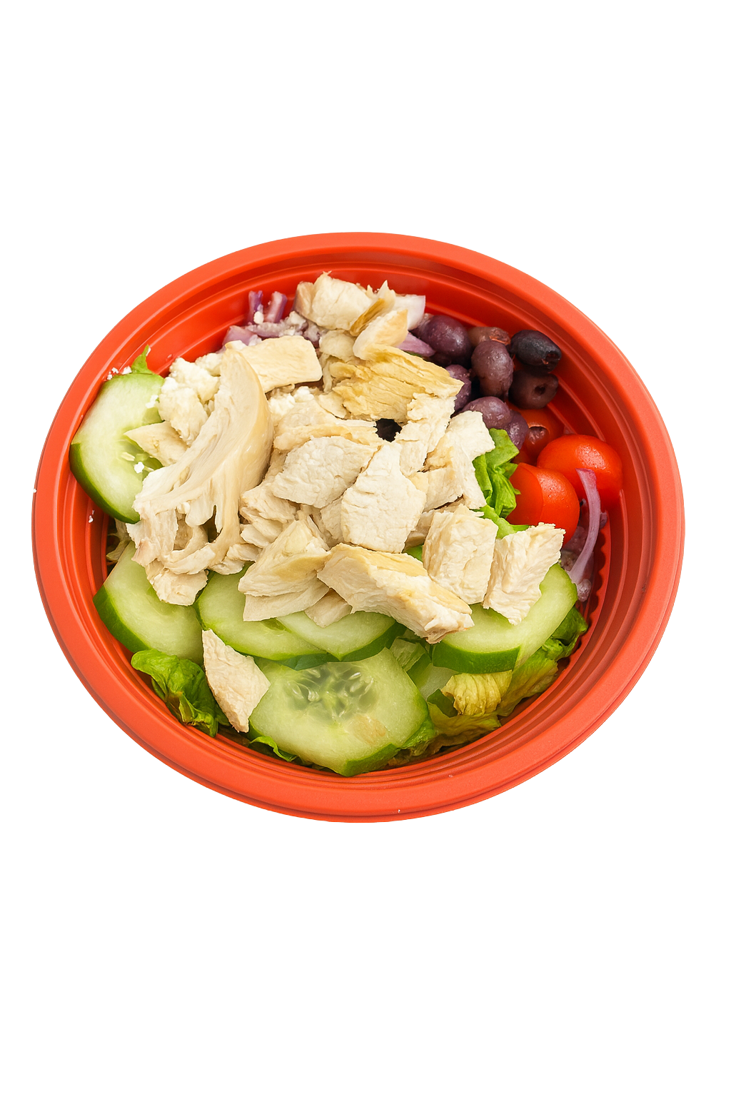 Fresh salad bowl with shredded chicken, cucumbers, cherry tomatoes, and black beans in a vibrant orange bowl, highlighting nutritious ingredients for a healthy meal option at Farm2Cup Fairhaven.