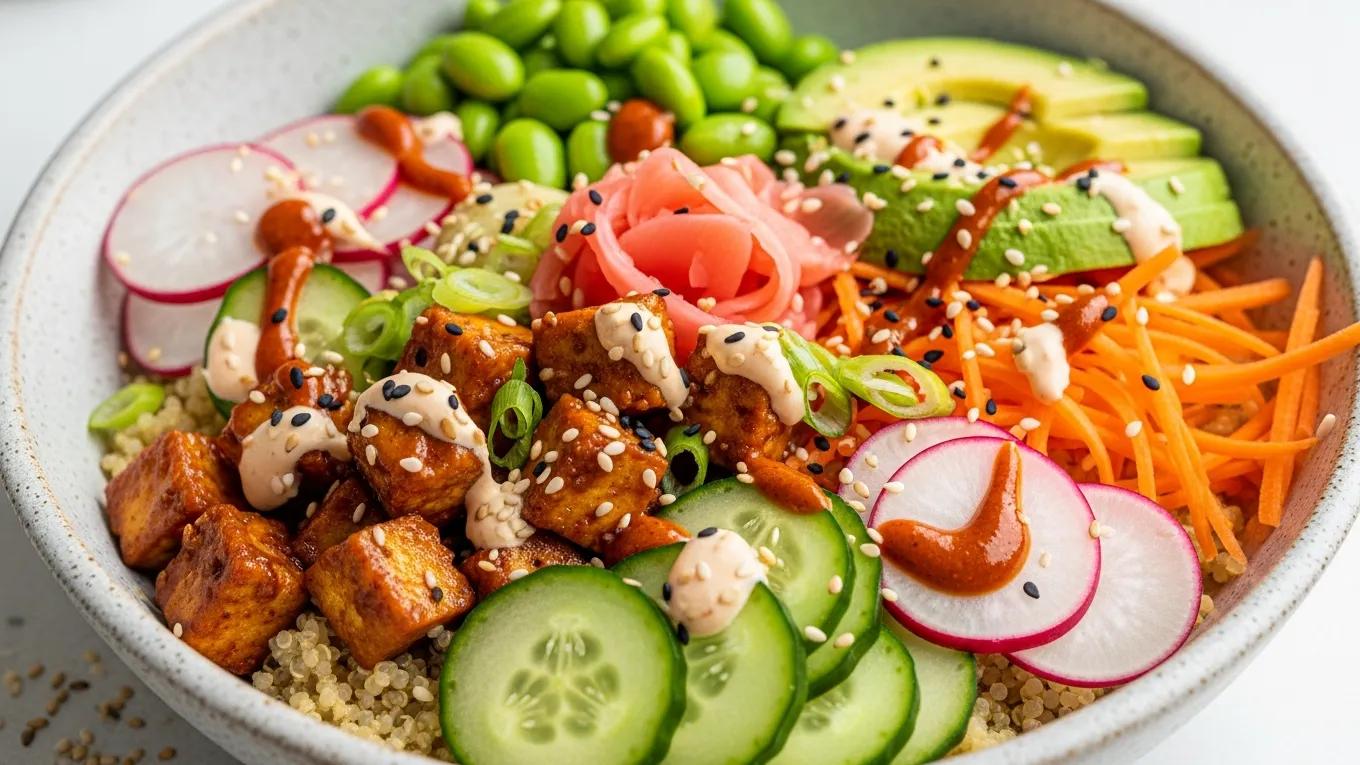 Close-up of a vegan poke bowl featuring fresh organic ingredients like tofu, cucumbers, and quinoa