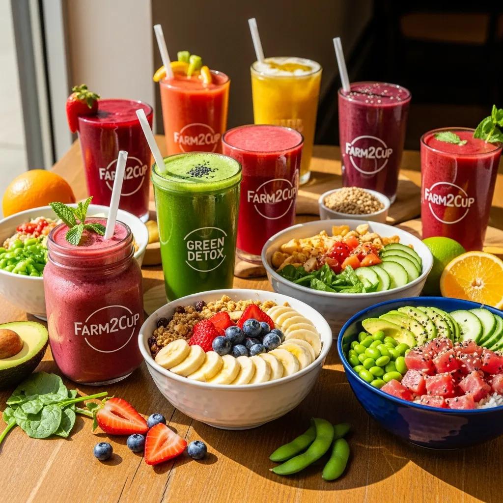 Colorful display of smoothies, juices, and healthy bowls from Farm2Cup Juicery