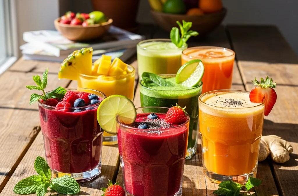 Colorful healthy smoothies and organic juices in clear glasses, featuring fresh fruits and herbs, showcasing Farm2Cup Fairhaven's commitment to nutritious options.