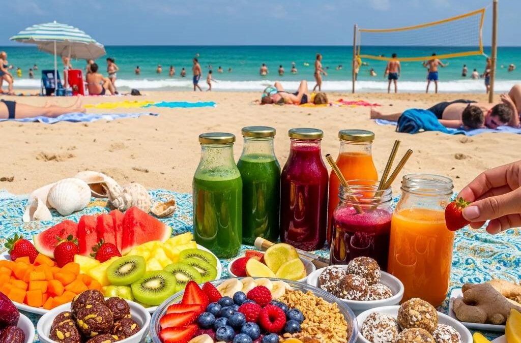 Colorful healthy snacks and juices on a beach picnic blanket with ocean view