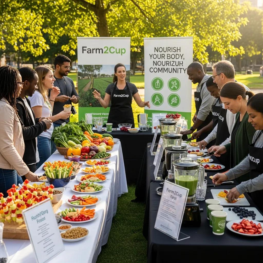 Community wellness event with diverse participants engaging in healthy eating activities