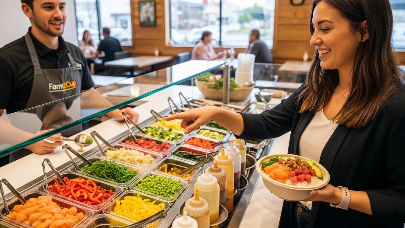 Customer customizing a poke bowl with fresh toppings and sauces at Farm2Cup Fairhaven