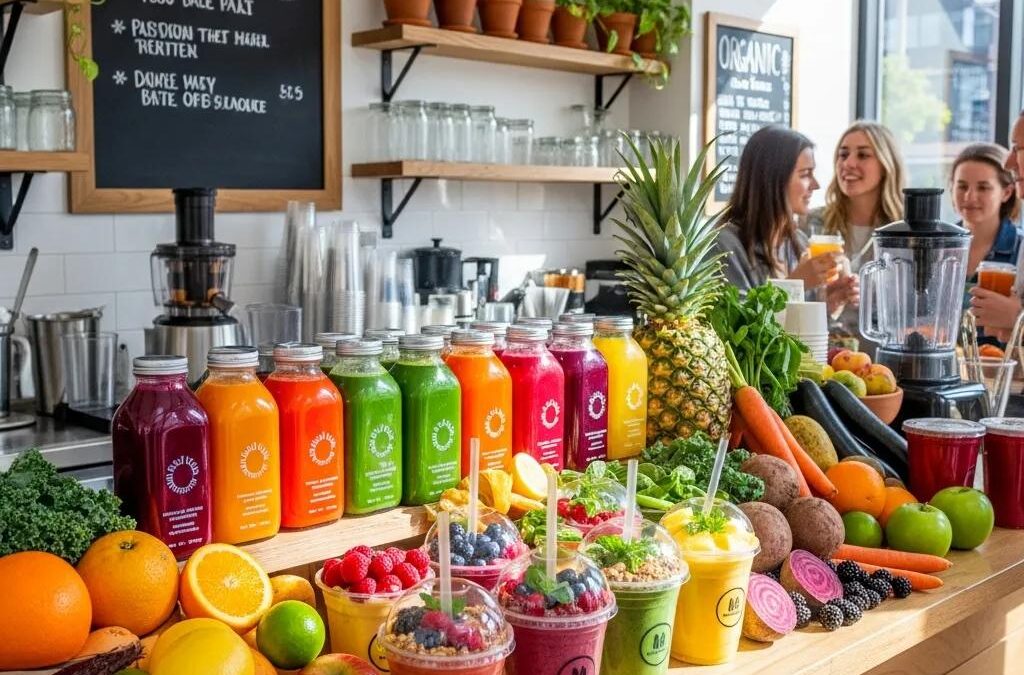 Fresh cold-pressed juices and organic smoothies displayed in a vibrant juice bar setting at Farm2Cup, featuring colorful bottles, fresh fruits, and vegetables, promoting health and wellness.