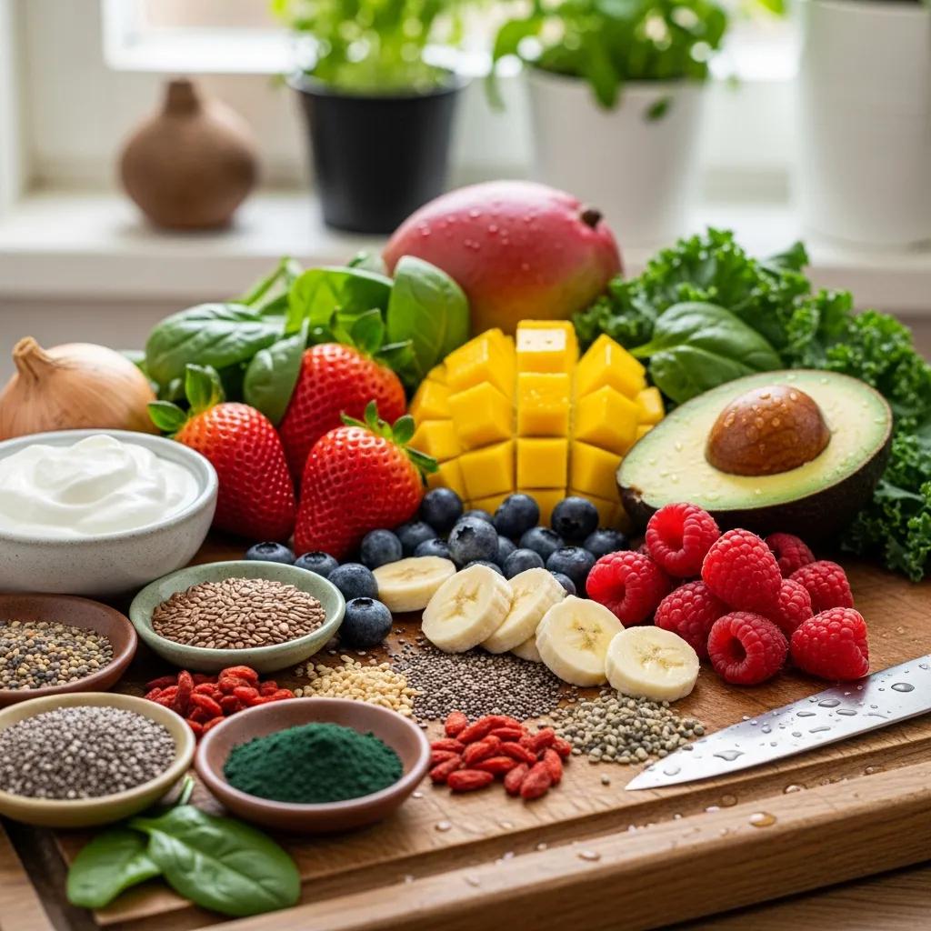 Fresh farm-to-cup ingredients for smoothies including fruits, yogurt, and superfoods