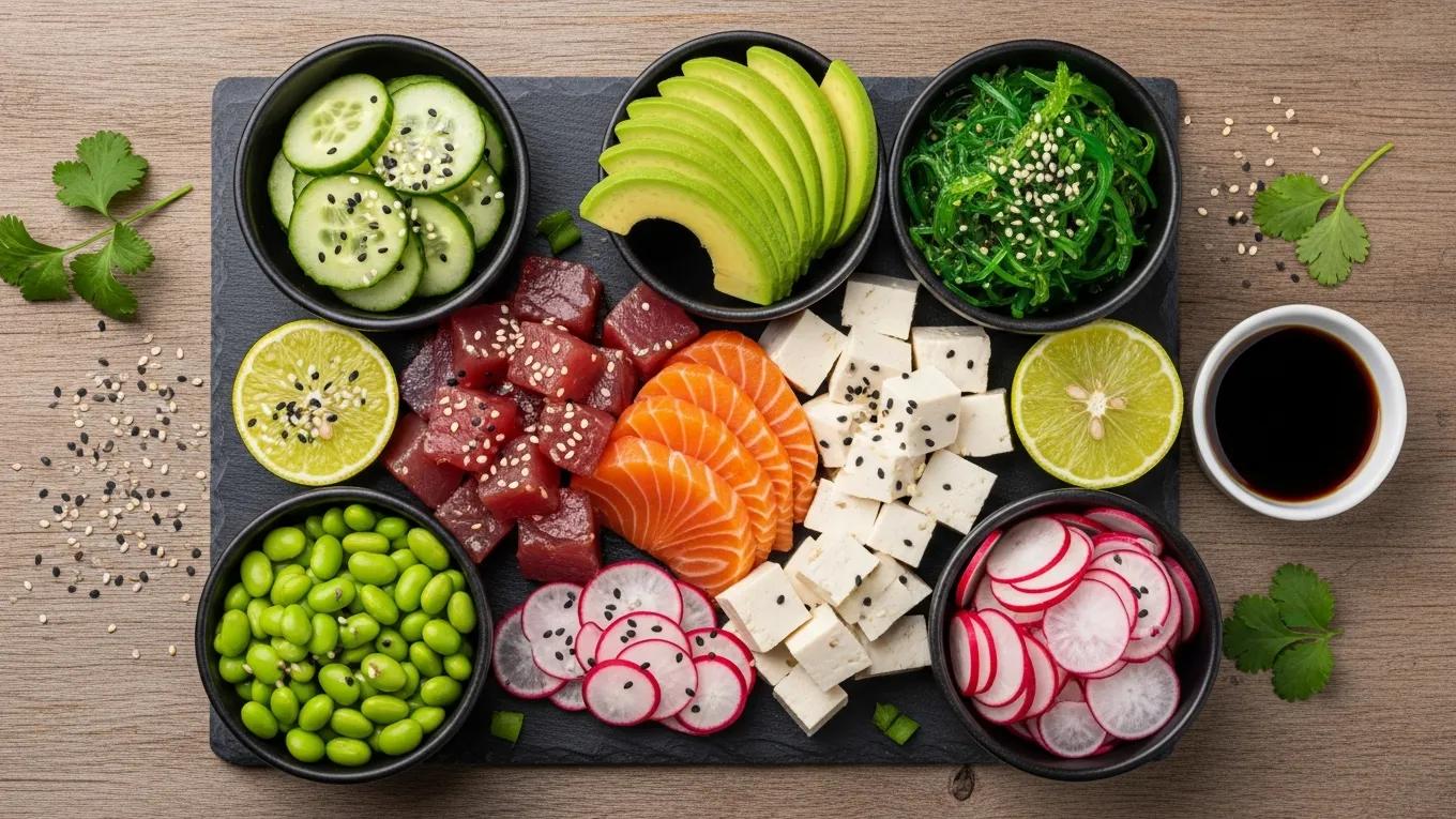 Fresh poke bowl ingredients including tuna, salmon, tofu, cucumbers, and avocado