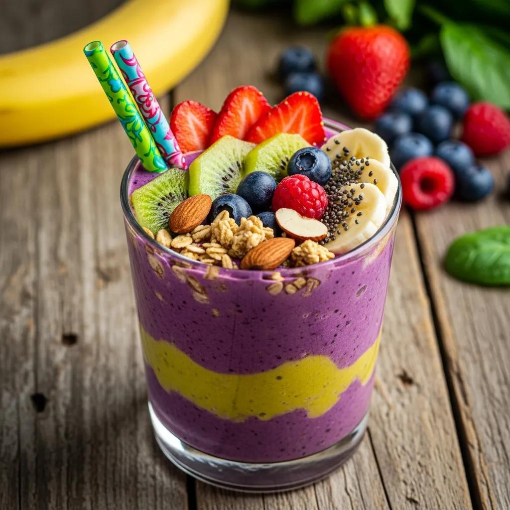 Handcrafted organic smoothie topped with fresh fruits and nuts on a rustic wooden table