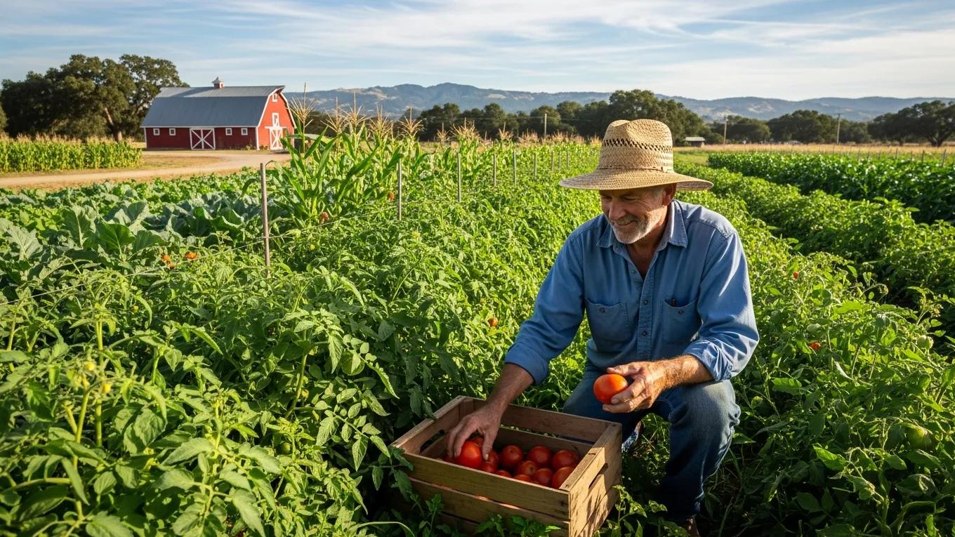 Local farmer harvesting crops, representing sustainably sourced food for Farm2Cup's juices