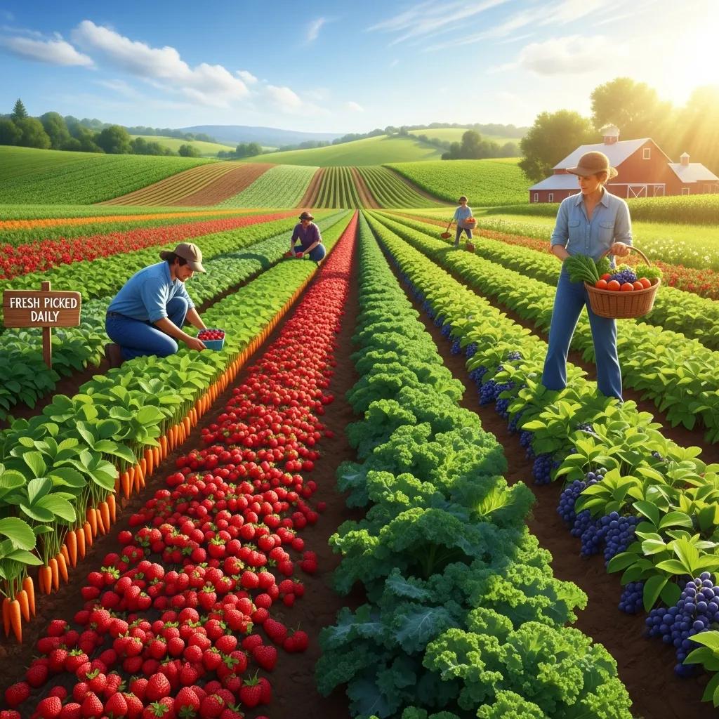 Local farmers harvesting fresh produce in a sunlit field, emphasizing farm-to-table freshness