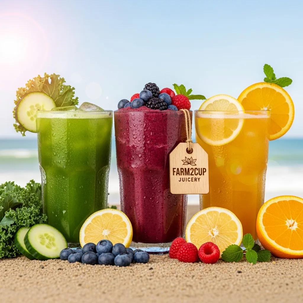 Signature juices and smoothies from Farm2Cup Juicery with fresh ingredients on a beach setting