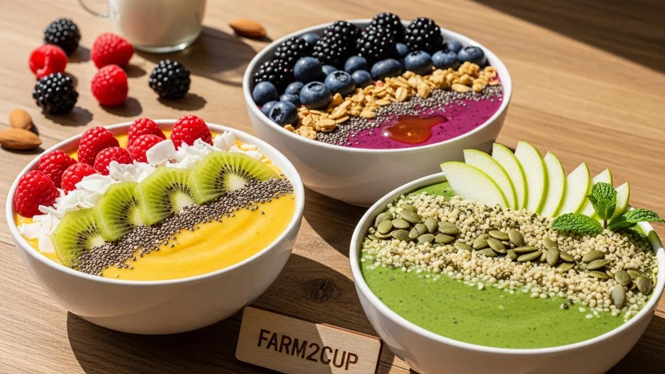 Variety of vegan smoothie bowls topped with fruits, granola, and seeds at Farm2Cup Fairhaven
